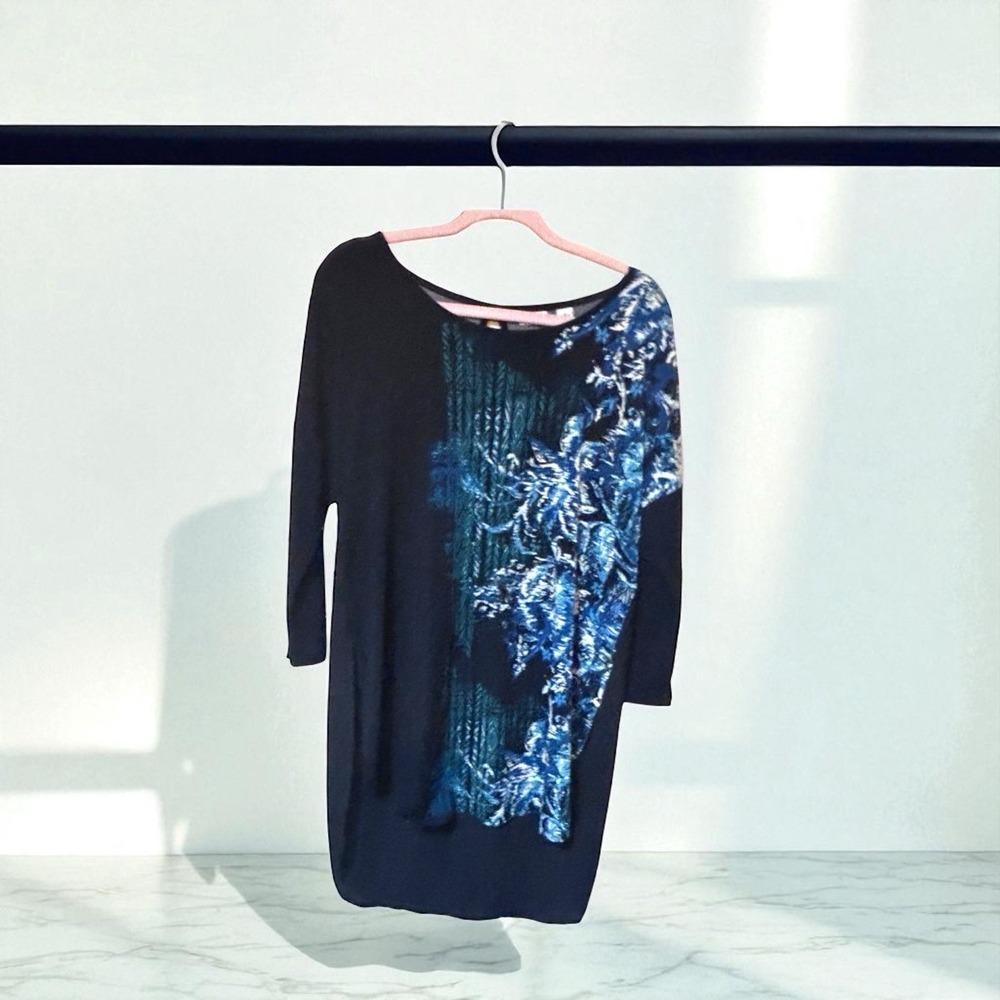Cato Fashions Blue & Blacl Floral talBlouse Top Tunic Hi-Low Size Medium